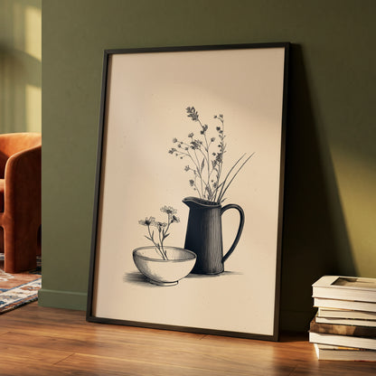 Quiet Meadow Table, black, beige, brown floral wall art displayed in a styled interior, gallery view 4