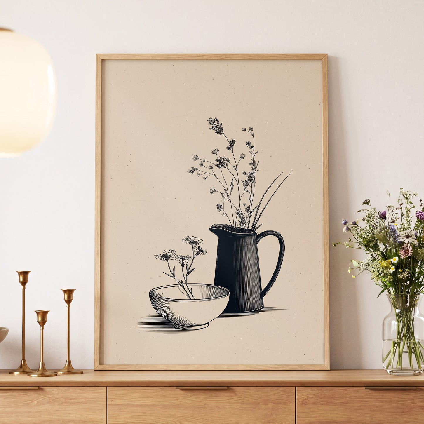 Quiet Meadow Table, black, beige, brown floral wall art displayed in a styled interior, gallery view 5