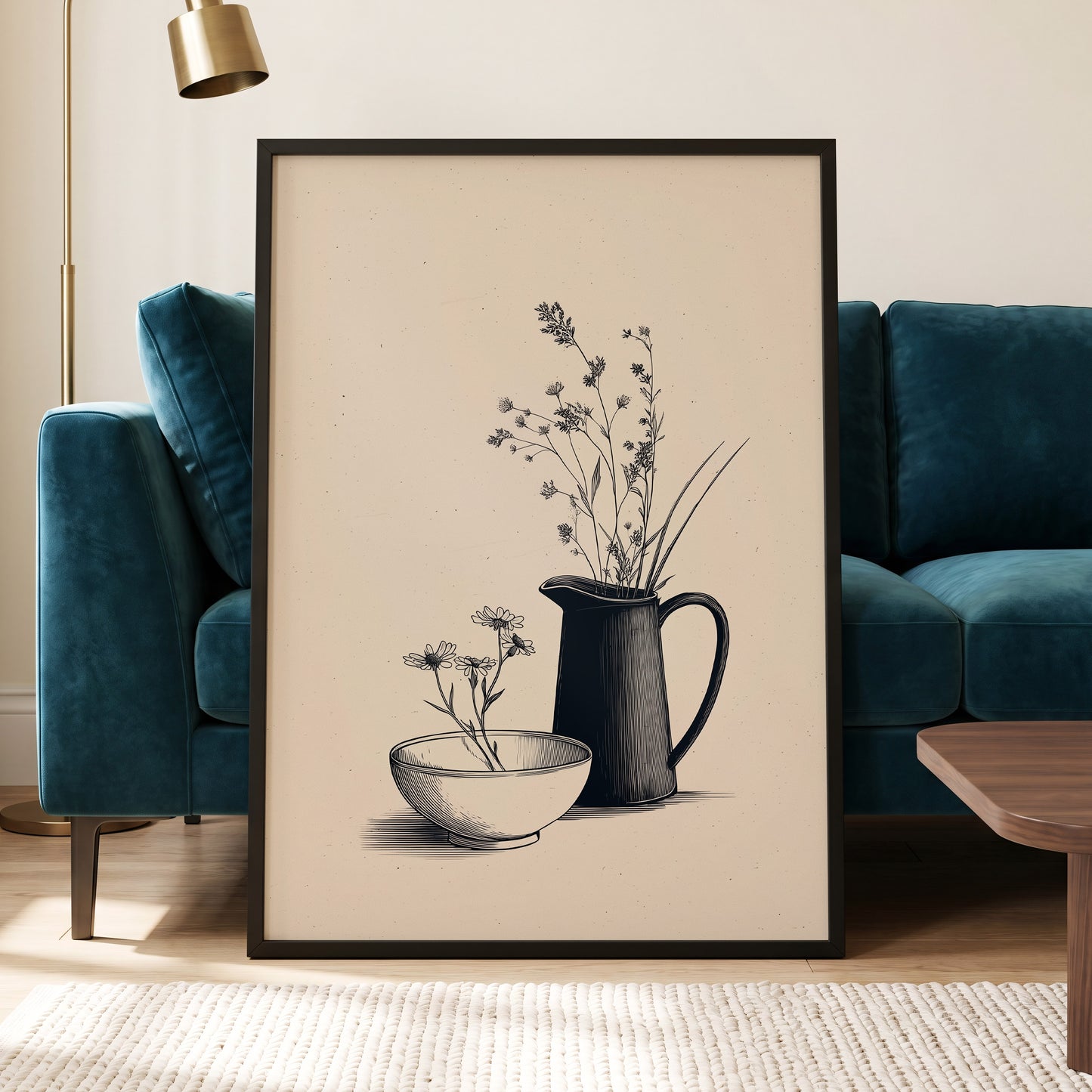Quiet Meadow Table, black, beige, brown floral wall art displayed in a styled interior, gallery view 6