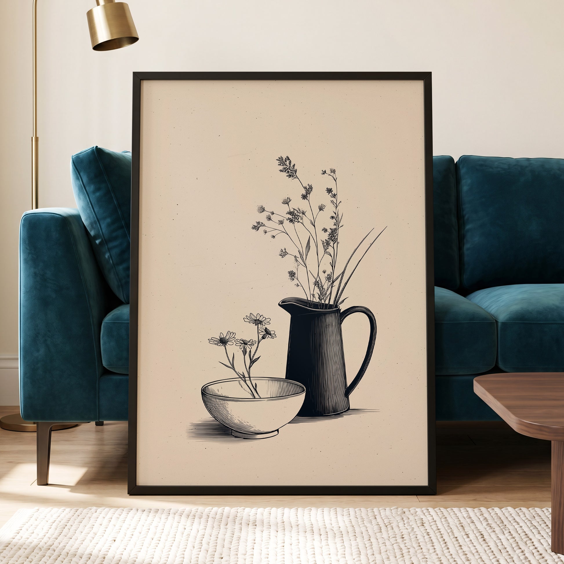 Quiet Meadow Table, black, beige, brown floral wall art displayed in a styled interior, gallery view 6