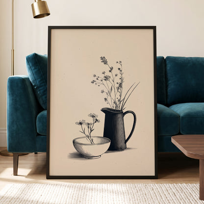 Quiet Meadow Table, black, beige, brown floral wall art displayed in a styled interior, gallery view 6