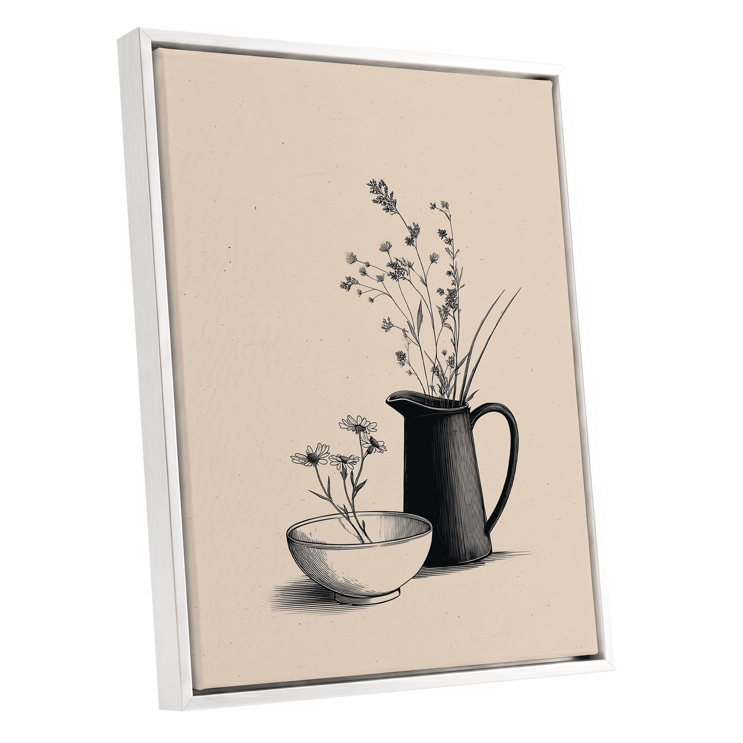 Quiet Meadow Table, black, beige, brown floral wall art shown as a white framed canvas wall art