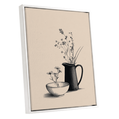 Quiet Meadow Table, black, beige, brown floral wall art shown as a white framed canvas wall art
