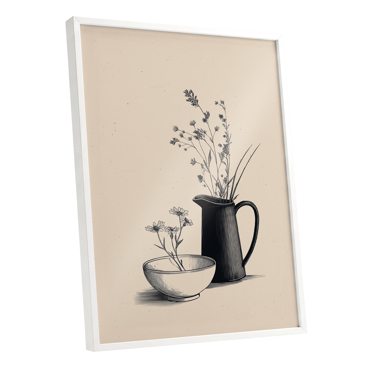 Quiet Meadow Table, black, beige, brown floral wall art shown as a white framed poster wall art print