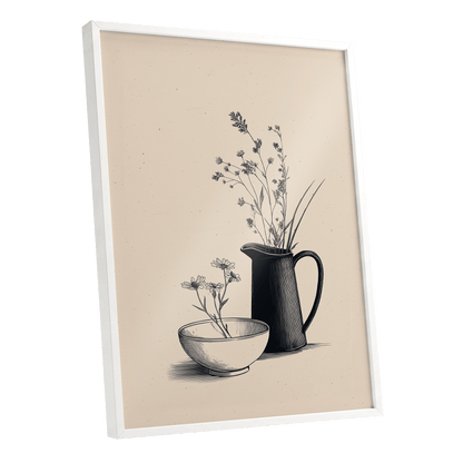 Quiet Meadow Table, black, beige, brown floral wall art shown as a white framed poster wall art print