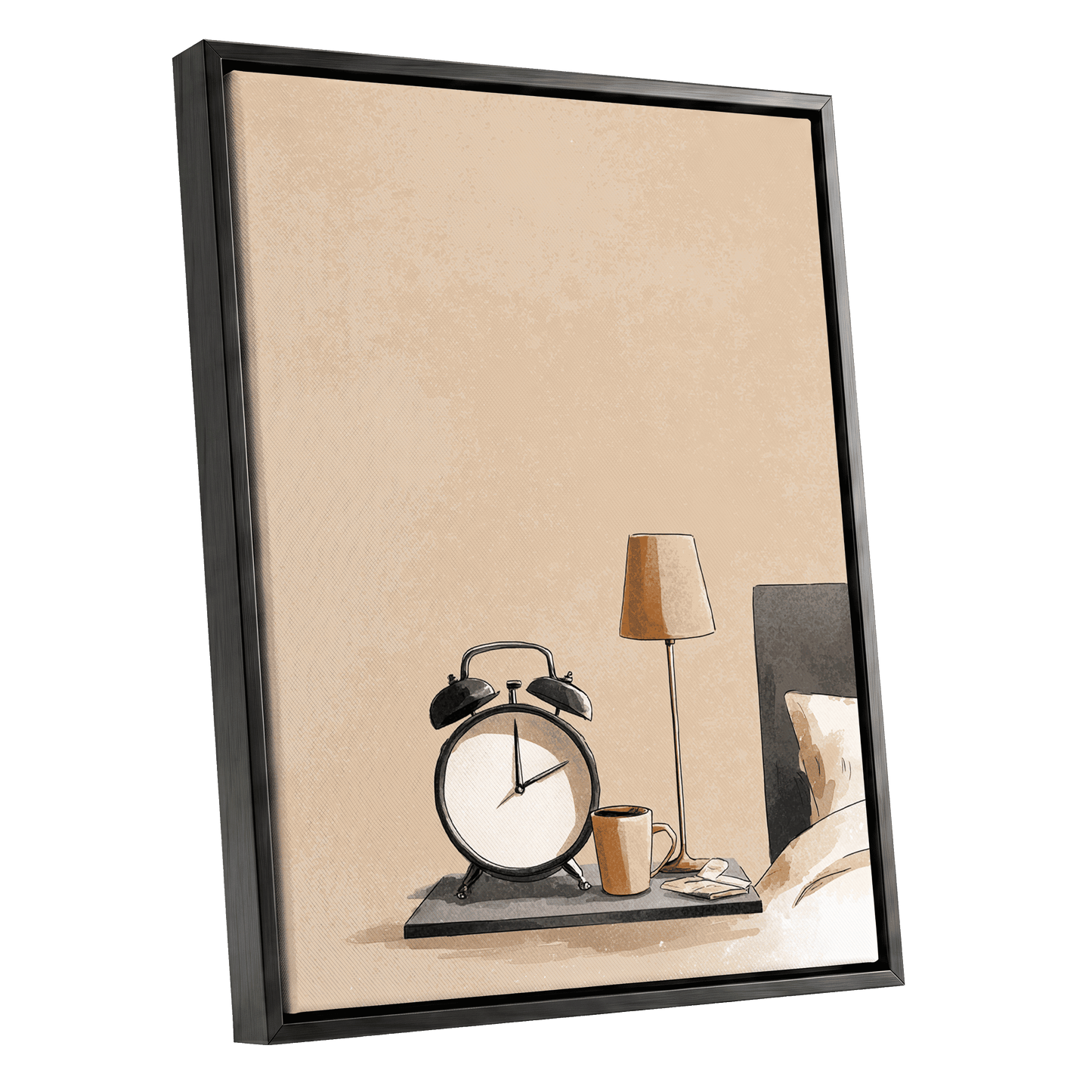 Quiet Morning, beige, black, gold minimalist wall art shown as a black framed canvas wall art