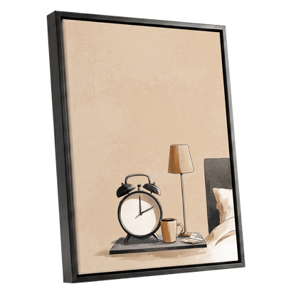 Quiet Morning, beige, black, gold minimalist wall art shown as a black framed canvas wall art