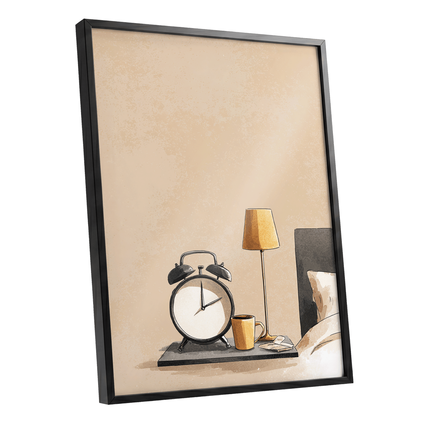 Quiet Morning, beige, black, gold minimalist wall art shown as a black framed poster wall art print