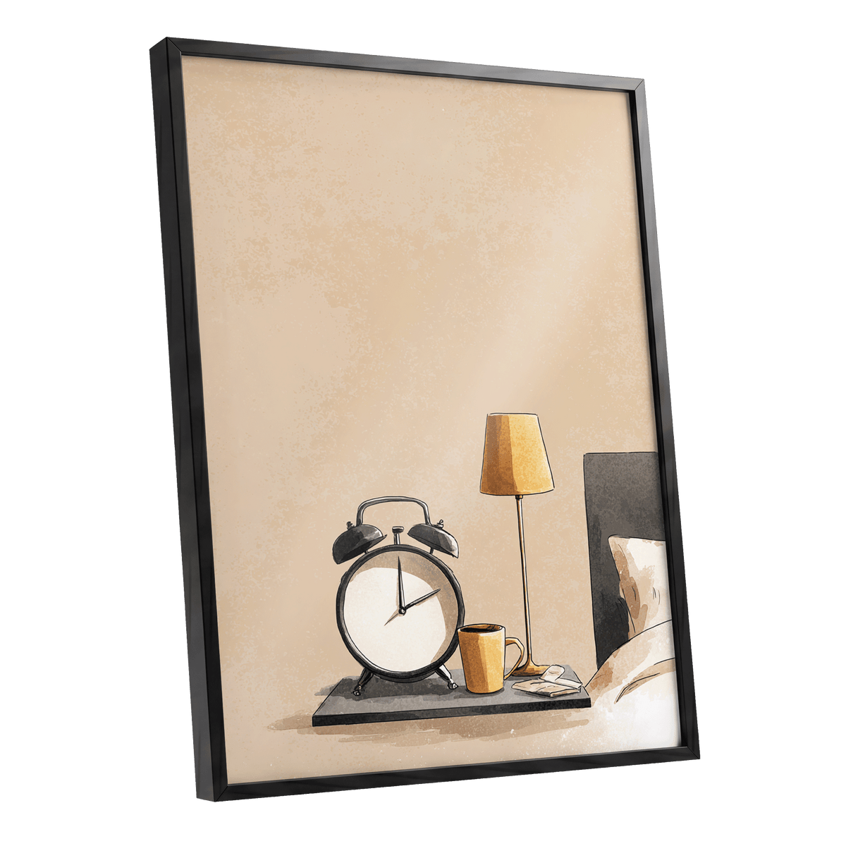 Quiet Morning, beige, black, gold minimalist wall art shown as a black framed poster wall art print