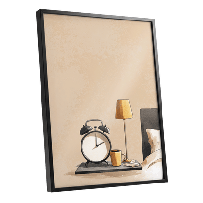 Quiet Morning, beige, black, gold minimalist wall art shown as a black framed poster wall art print