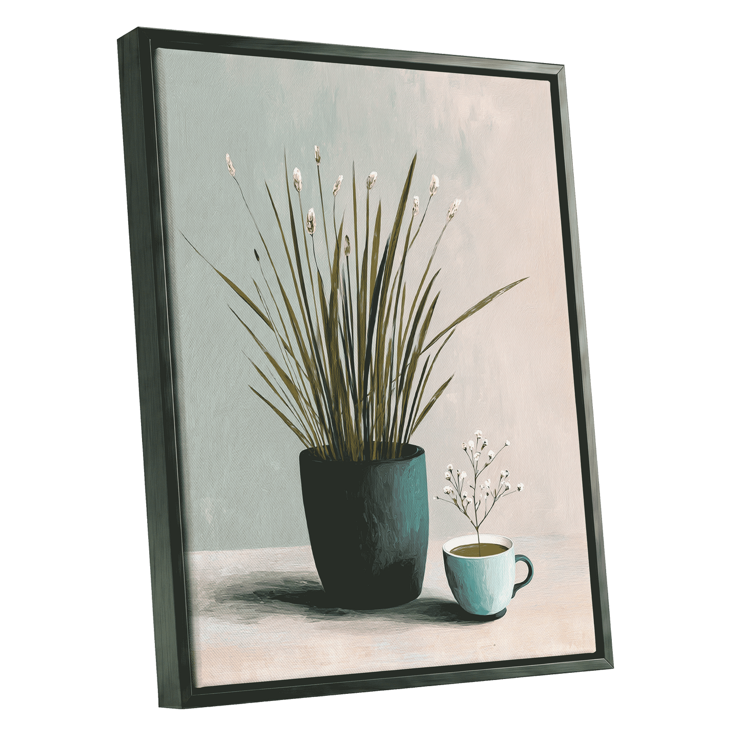 Quiet Morning Botanicals, green, beige, white floral wall art shown as a black framed canvas wall art