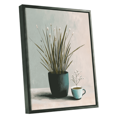 Quiet Morning Botanicals, green, beige, white floral wall art shown as a black framed canvas wall art