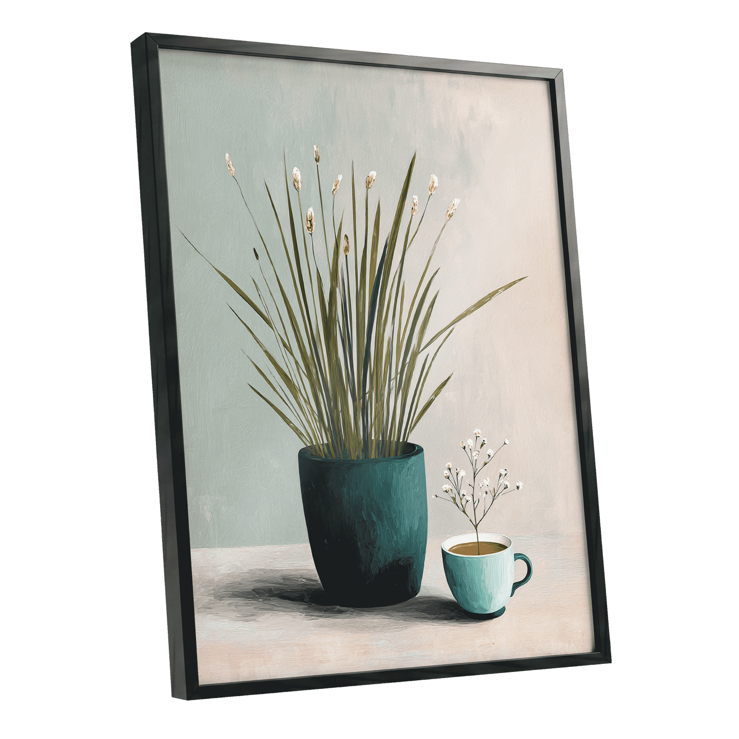 Quiet Morning Botanicals, green, beige, white floral wall art shown as a black framed poster wall art print