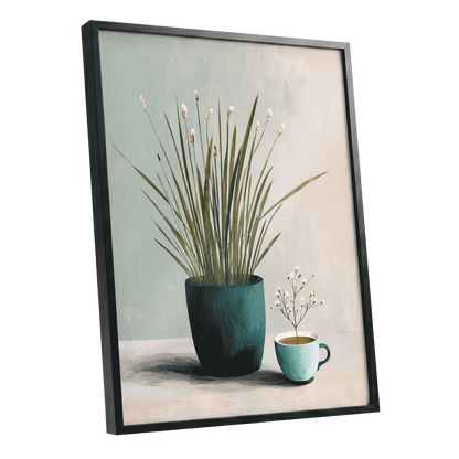 Quiet Morning Botanicals, green, beige, white floral wall art shown as a black framed poster wall art print