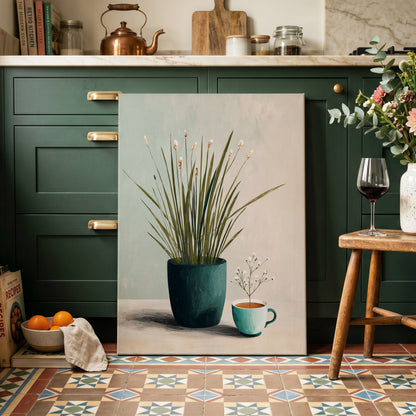 Quiet Morning Botanicals, green, beige, white floral wall art on canvas displayed in a styled interior, gallery view 1