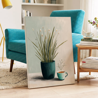 Quiet Morning Botanicals, green, beige, white floral wall art on canvas displayed in a styled interior, gallery view 2