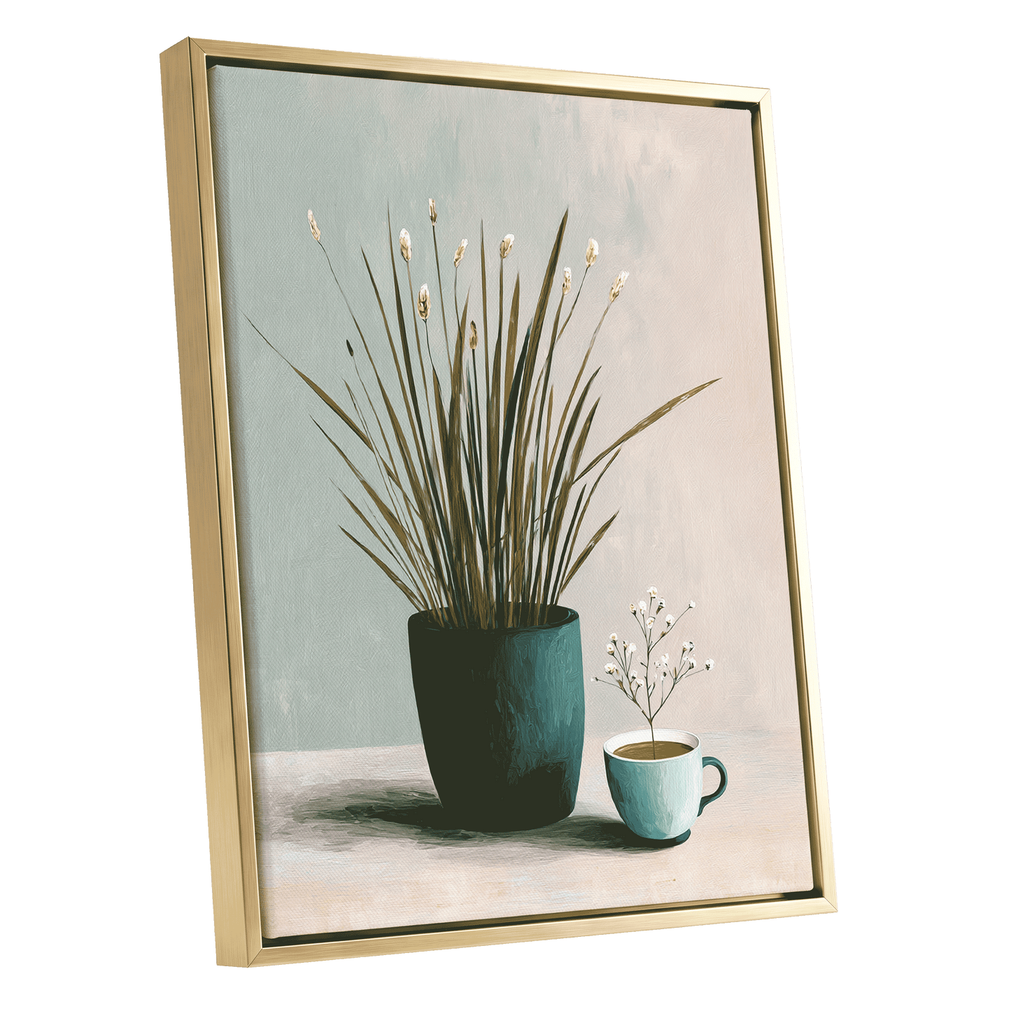 Quiet Morning Botanicals, green, beige, white floral wall art shown as a gold framed canvas wall art