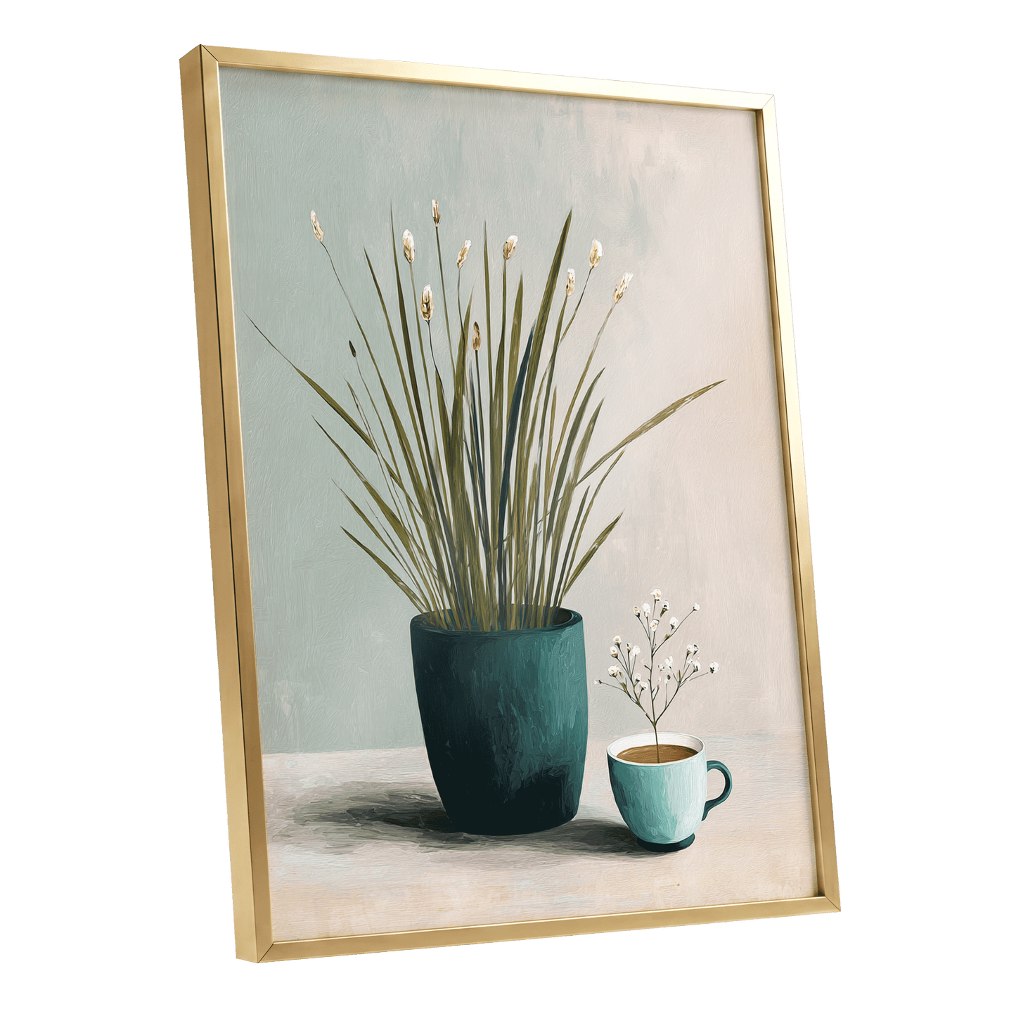 Quiet Morning Botanicals, green, beige, white floral wall art shown as a gold framed poster wall art print