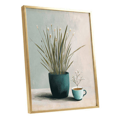 Quiet Morning Botanicals, green, beige, white floral wall art shown as a gold framed poster wall art print