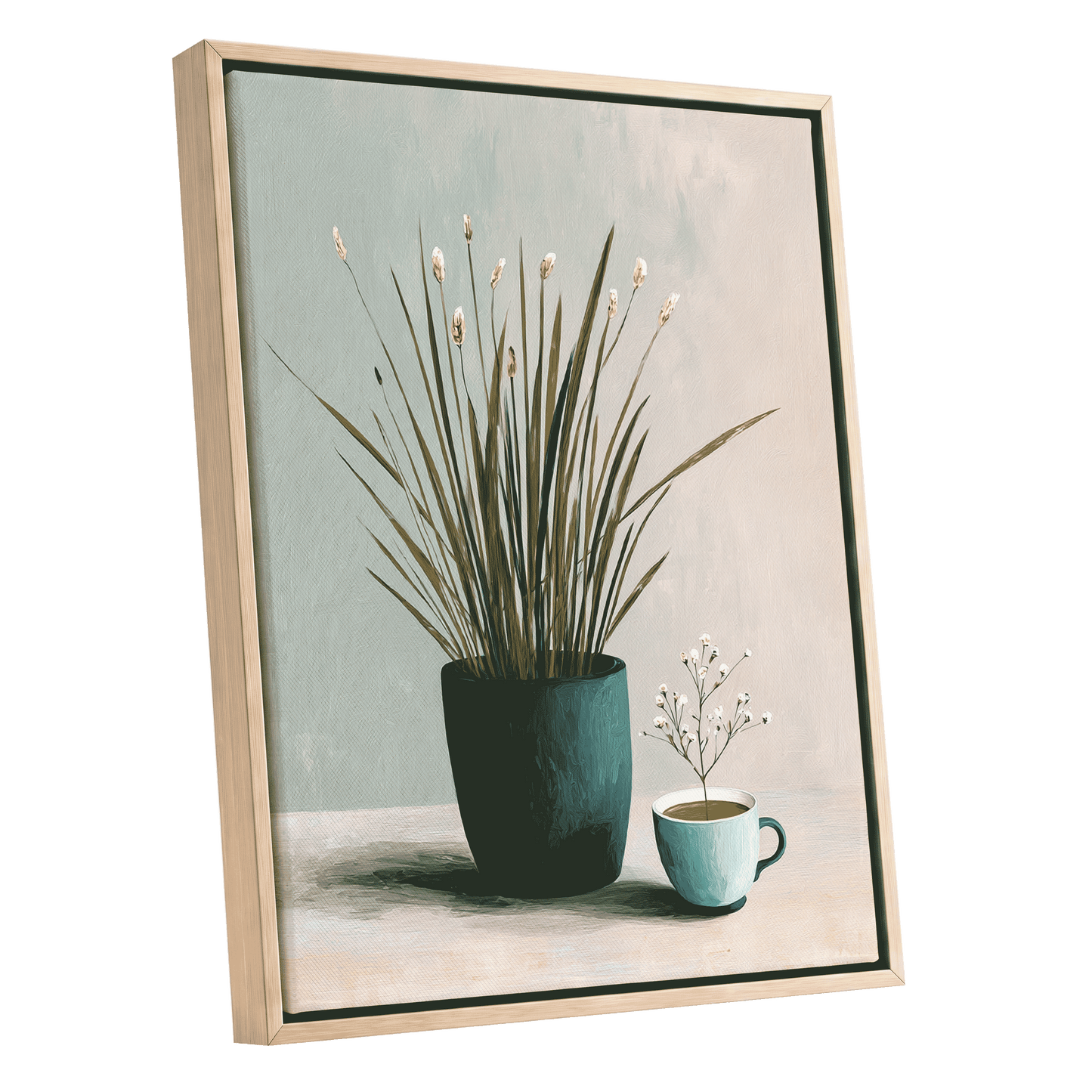 Quiet Morning Botanicals, green, beige, white floral wall art shown as a oak framed canvas wall art