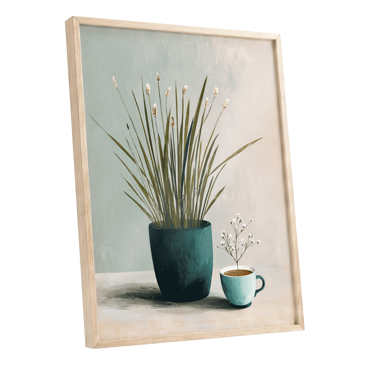Quiet Morning Botanicals, green, beige, white floral wall art shown as a oak framed poster wall art print