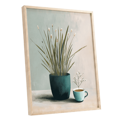 Quiet Morning Botanicals, green, beige, white floral wall art shown as a oak framed poster wall art print