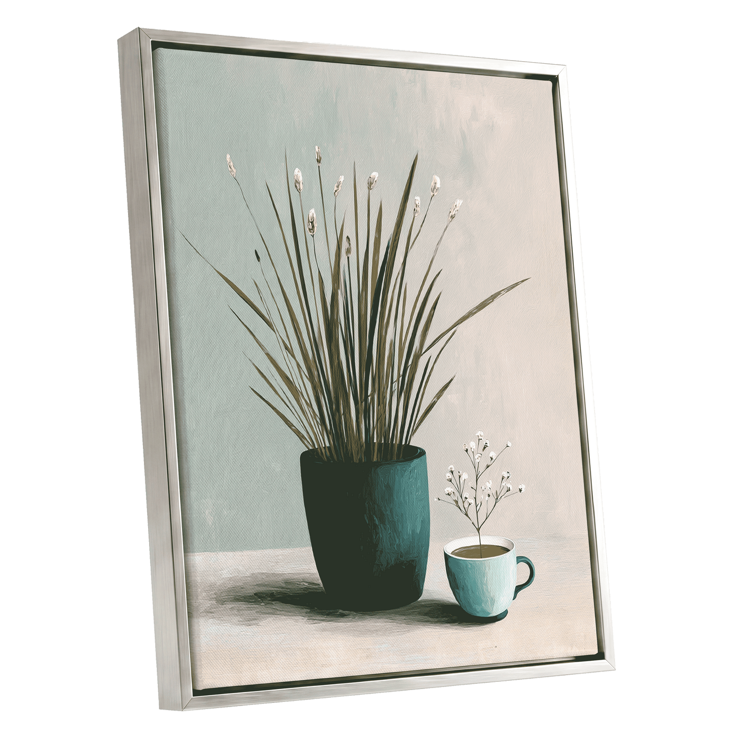 Quiet Morning Botanicals, green, beige, white floral wall art shown as a silver framed canvas wall art