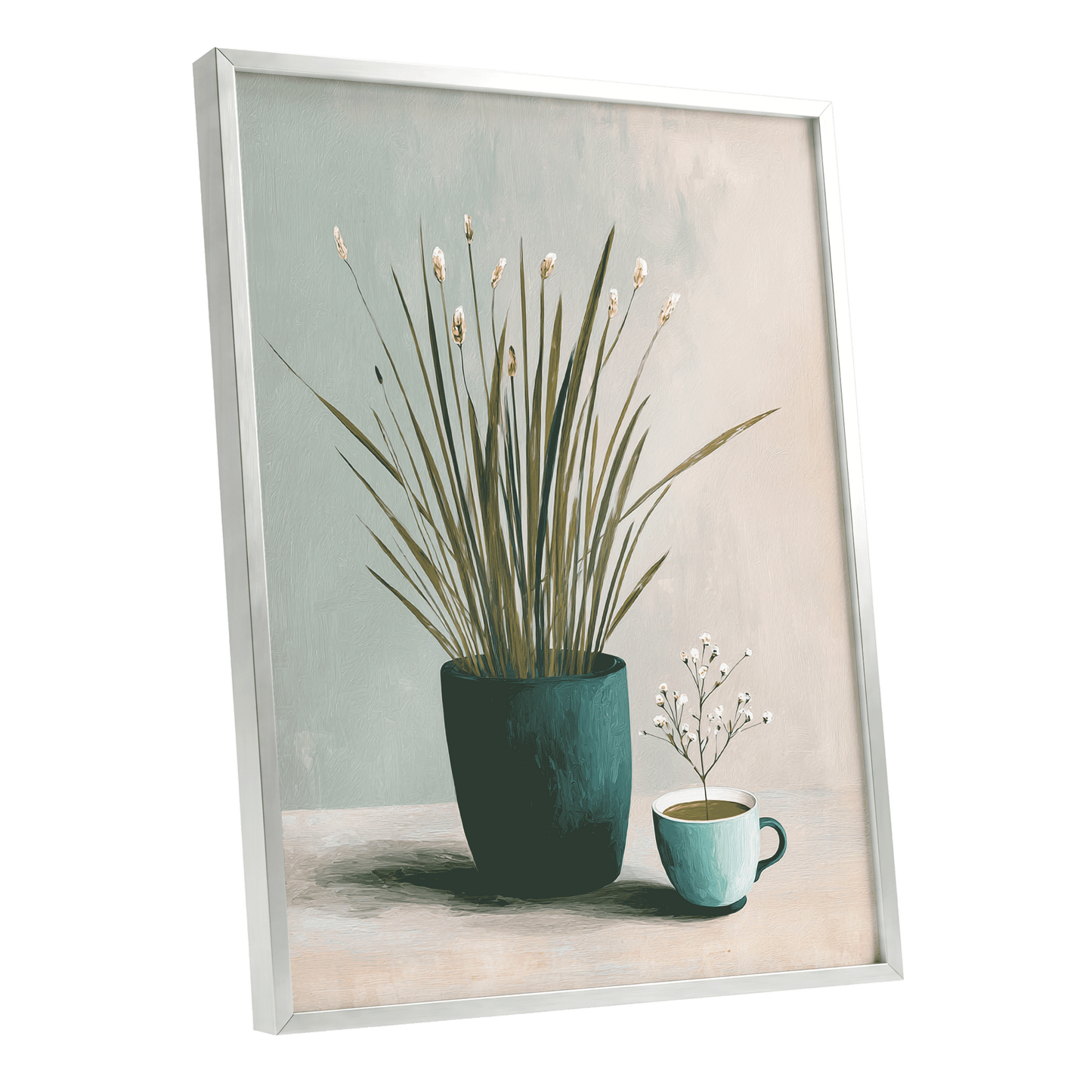 Quiet Morning Botanicals, green, beige, white floral wall art shown as a silver framed poster wall art print