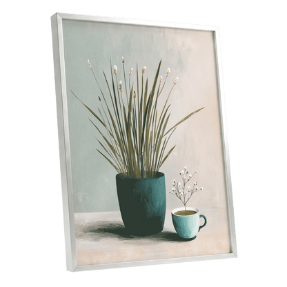 Quiet Morning Botanicals, green, beige, white floral wall art shown as a silver framed poster wall art print