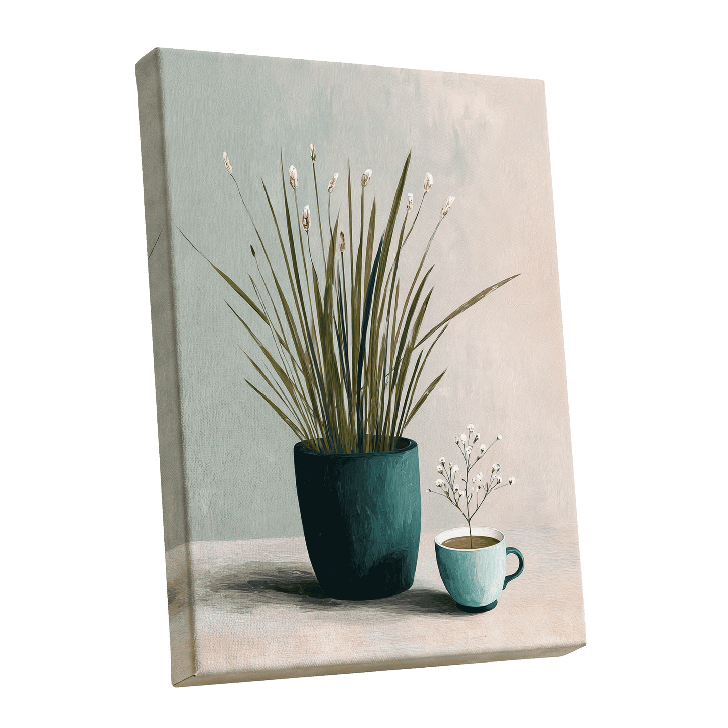 Quiet Morning Botanicals, green, beige, white floral wall art shown as a stretched canvas wall art