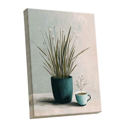 Quiet Morning Botanicals, green, beige, white floral wall art shown as a stretched canvas wall art