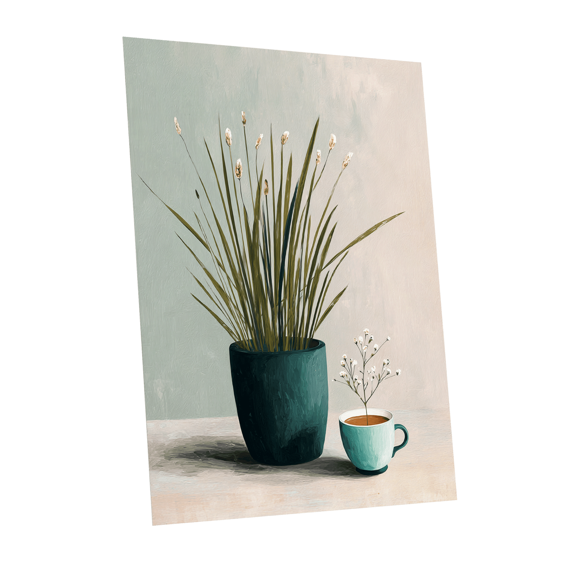 Quiet Morning Botanicals, green, beige, white floral wall art shown as a unframed poster wall art print
