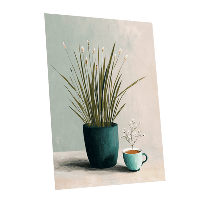 Quiet Morning Botanicals, green, beige, white floral wall art shown as a unframed poster wall art print