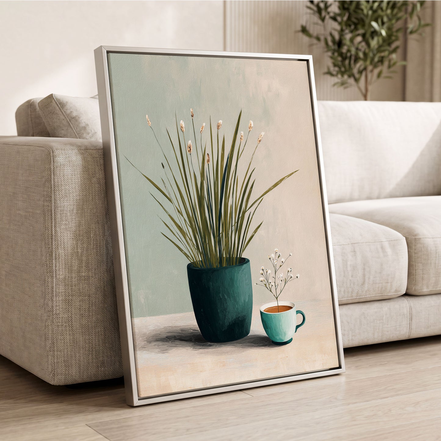 Quiet Morning Botanicals, green, beige, white floral wall art displayed in a styled interior, gallery view 2