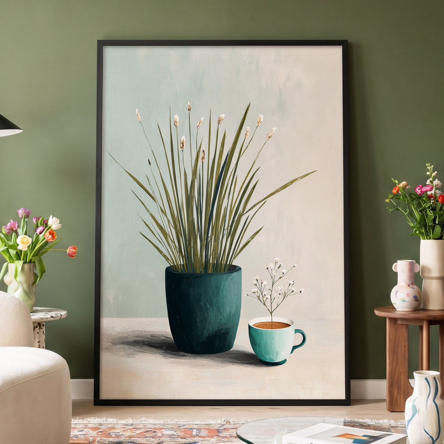 Quiet Morning Botanicals, green, beige, white floral wall art displayed in a styled interior, gallery view 4
