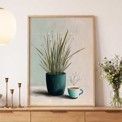 Quiet Morning Botanicals, green, beige, white floral wall art displayed in a styled interior, gallery view 5