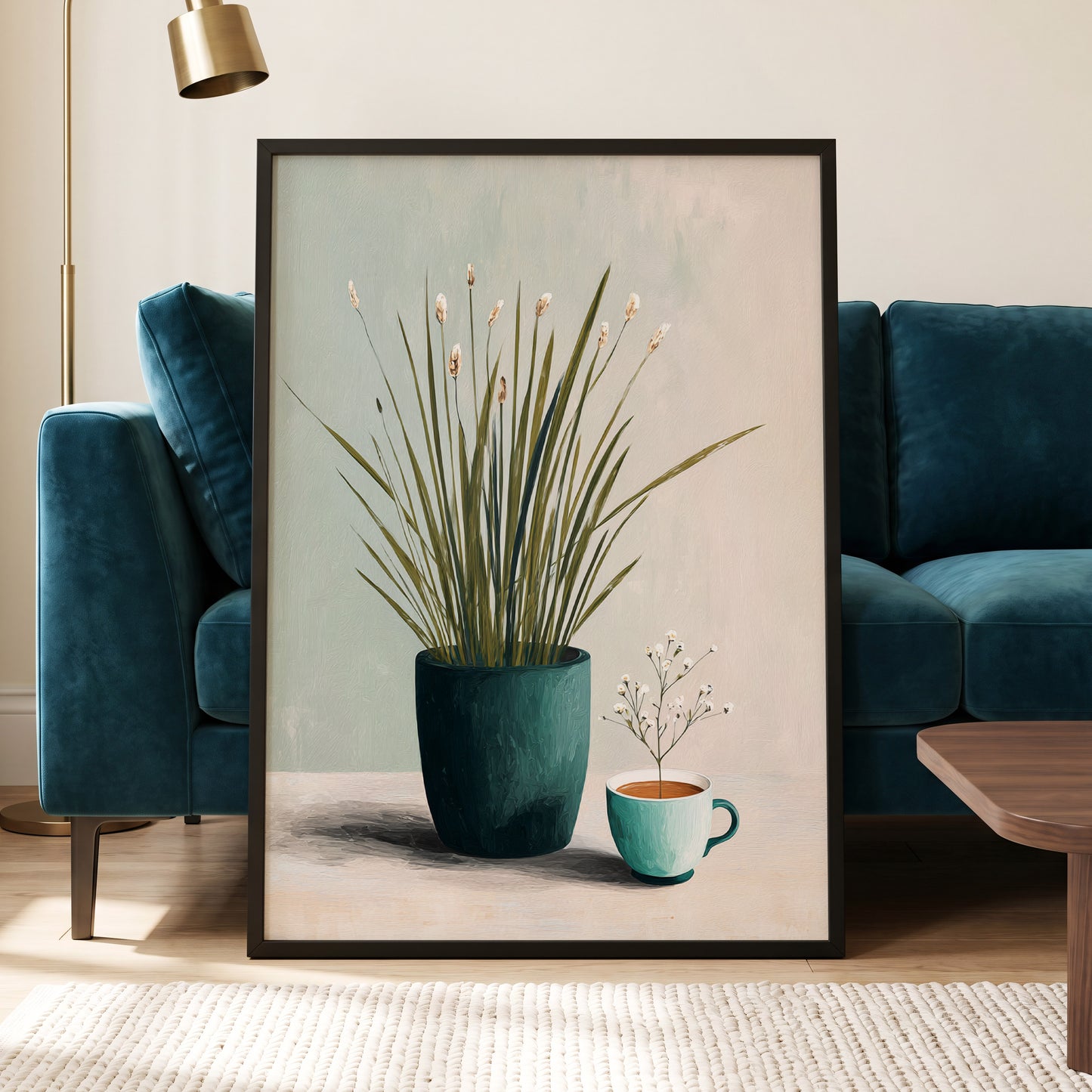 Quiet Morning Botanicals, green, beige, white floral wall art displayed in a styled interior, gallery view 6