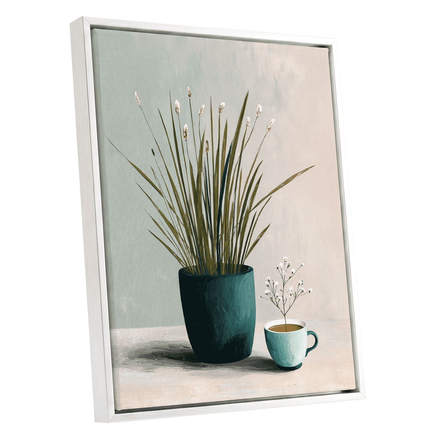 Quiet Morning Botanicals, green, beige, white floral wall art shown as a white framed canvas wall art