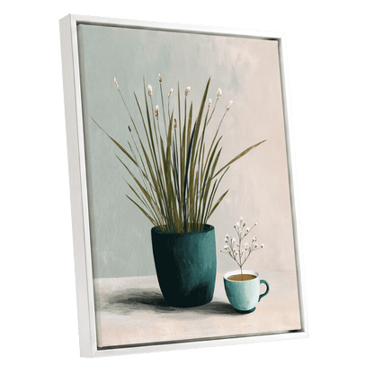 Quiet Morning Botanicals, green, beige, white floral wall art shown as a white framed canvas wall art