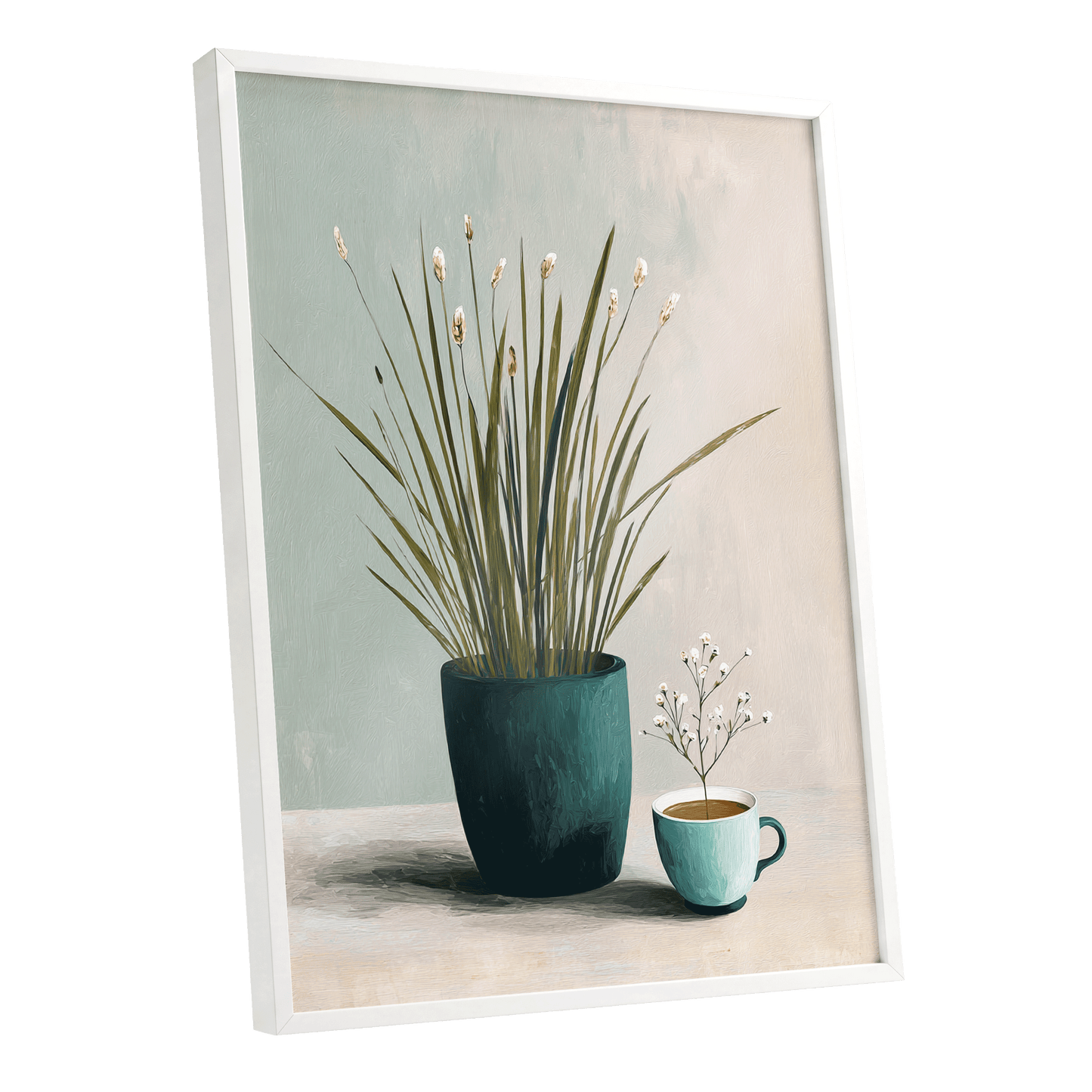 Quiet Morning Botanicals, green, beige, white floral wall art shown as a white framed poster wall art print