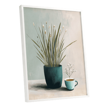 Quiet Morning Botanicals, green, beige, white floral wall art shown as a white framed poster wall art print