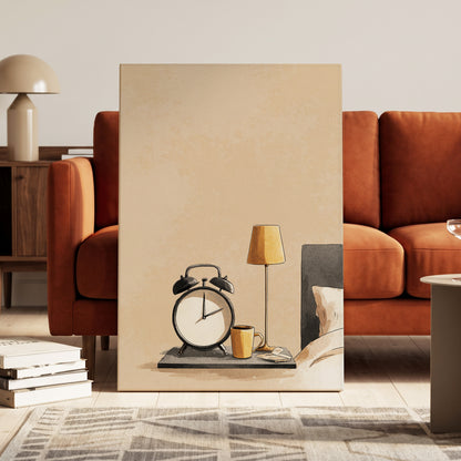 Quiet Morning, beige, black, gold minimalist wall art on canvas displayed in a styled interior, gallery view 1