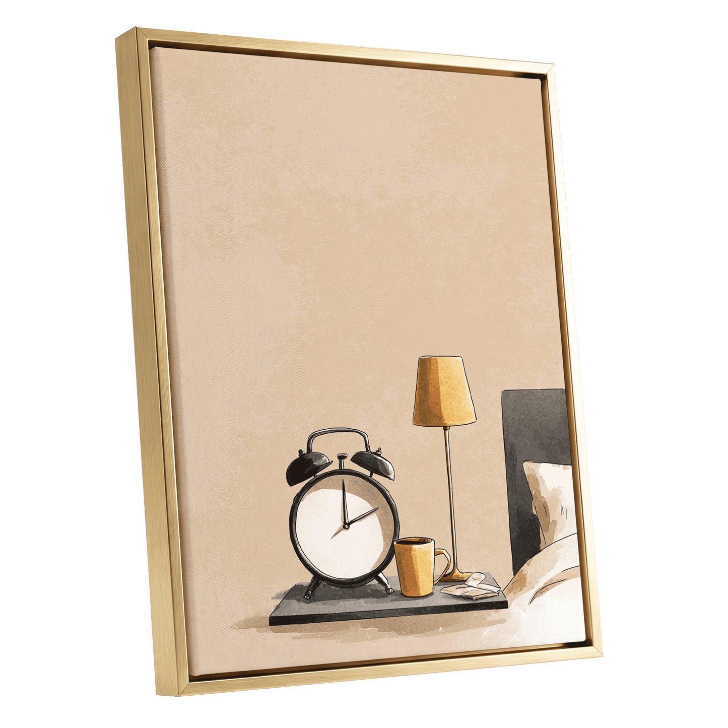 Quiet Morning, beige, black, gold minimalist wall art shown as a gold framed canvas wall art
