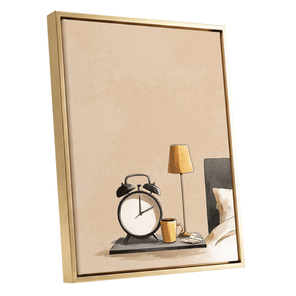 Quiet Morning, beige, black, gold minimalist wall art shown as a gold framed canvas wall art