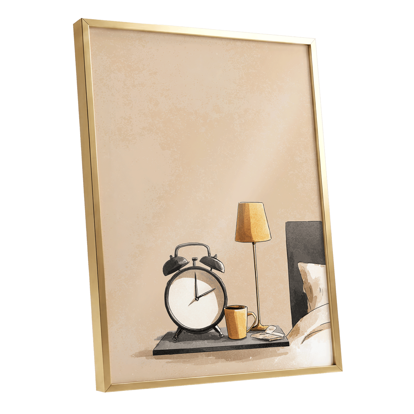 Quiet Morning, beige, black, gold minimalist wall art shown as a gold framed poster wall art print