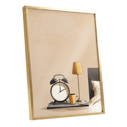 Quiet Morning, beige, black, gold minimalist wall art shown as a gold framed poster wall art print