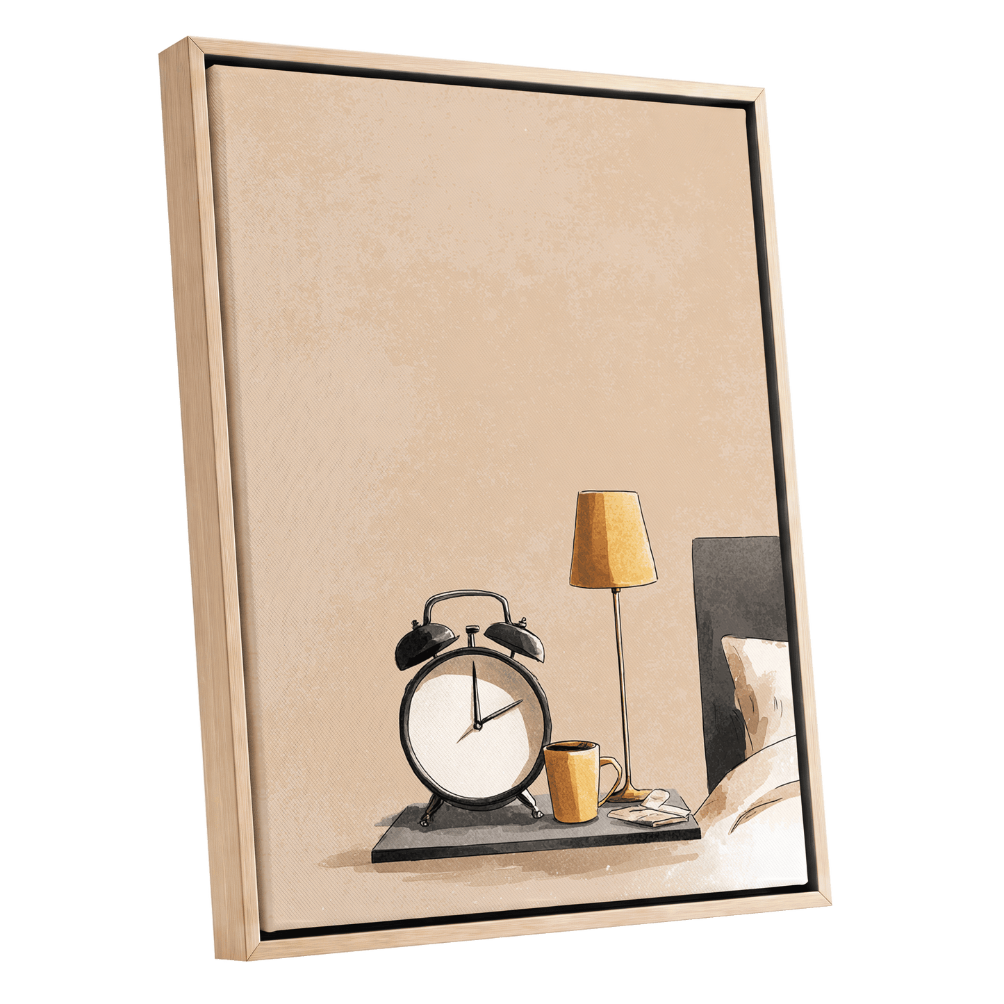 Quiet Morning, beige, black, gold minimalist wall art shown as a oak framed canvas wall art