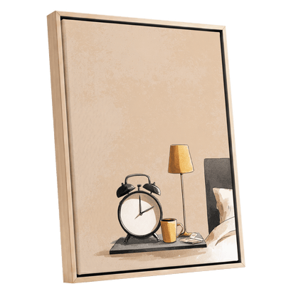Quiet Morning, beige, black, gold minimalist wall art shown as a oak framed canvas wall art