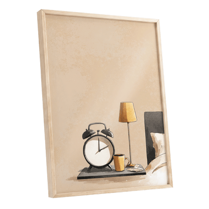 Quiet Morning, beige, black, gold minimalist wall art shown as a oak framed poster wall art print