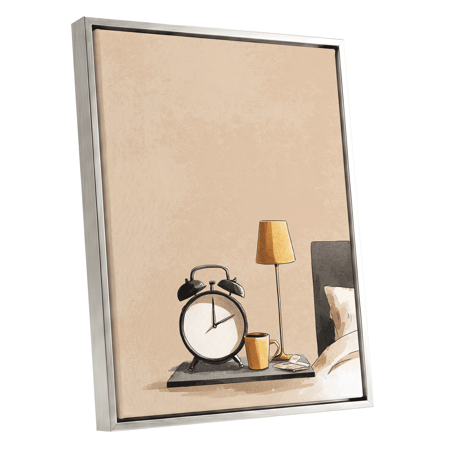 Quiet Morning, beige, black, gold minimalist wall art shown as a silver framed canvas wall art
